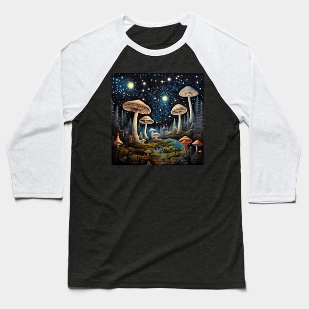 Starry Night Magic Mushroom Baseball T-Shirt by MushMagicWear